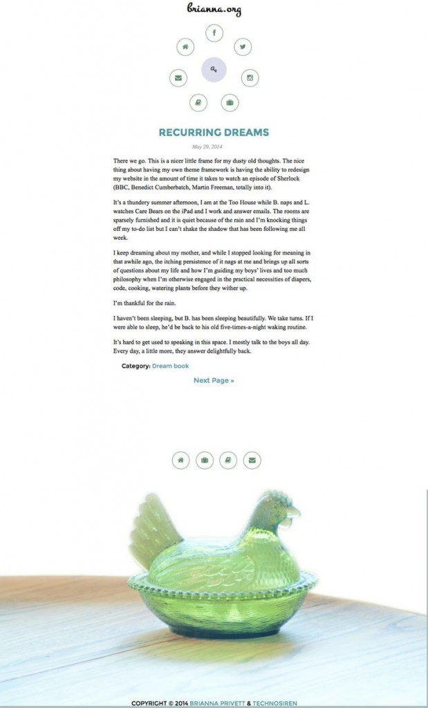 A screenshot of the website Brianna.org showing the top radial menu followed by a random blog post and a photo at the bottom of a green glass hen sitting on a wooden table.