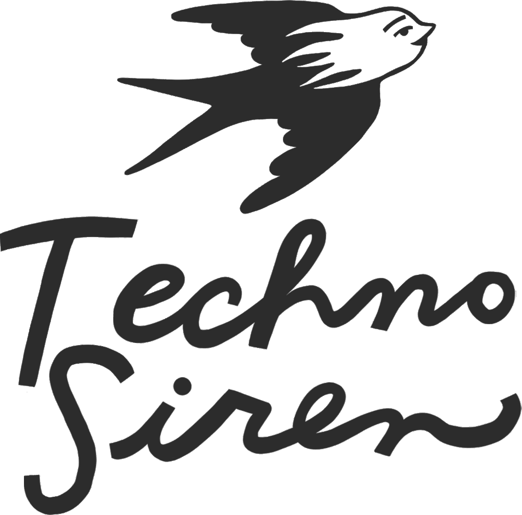 An illustration of a mythical siren, a woman with flaming hair and a bird's body with a swallow tail, labeled TechnoSiren. Logo by Penelope Dullaghan for Brianna Privett of TechnoSiren.