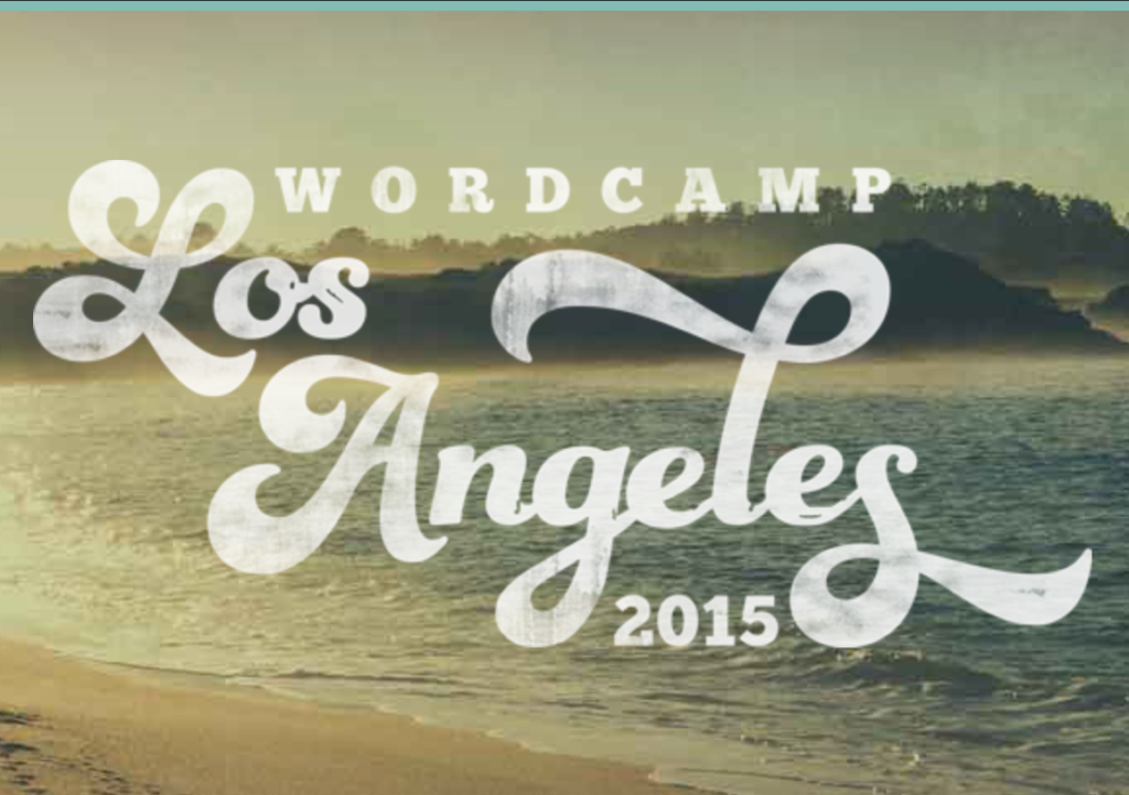 Logo for WordCamp Los Angeles 2015 over a photo background showing a California beach.